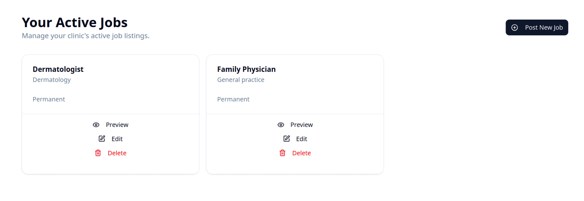 Dashboard showing a list of active job postings with options to edit or preview.