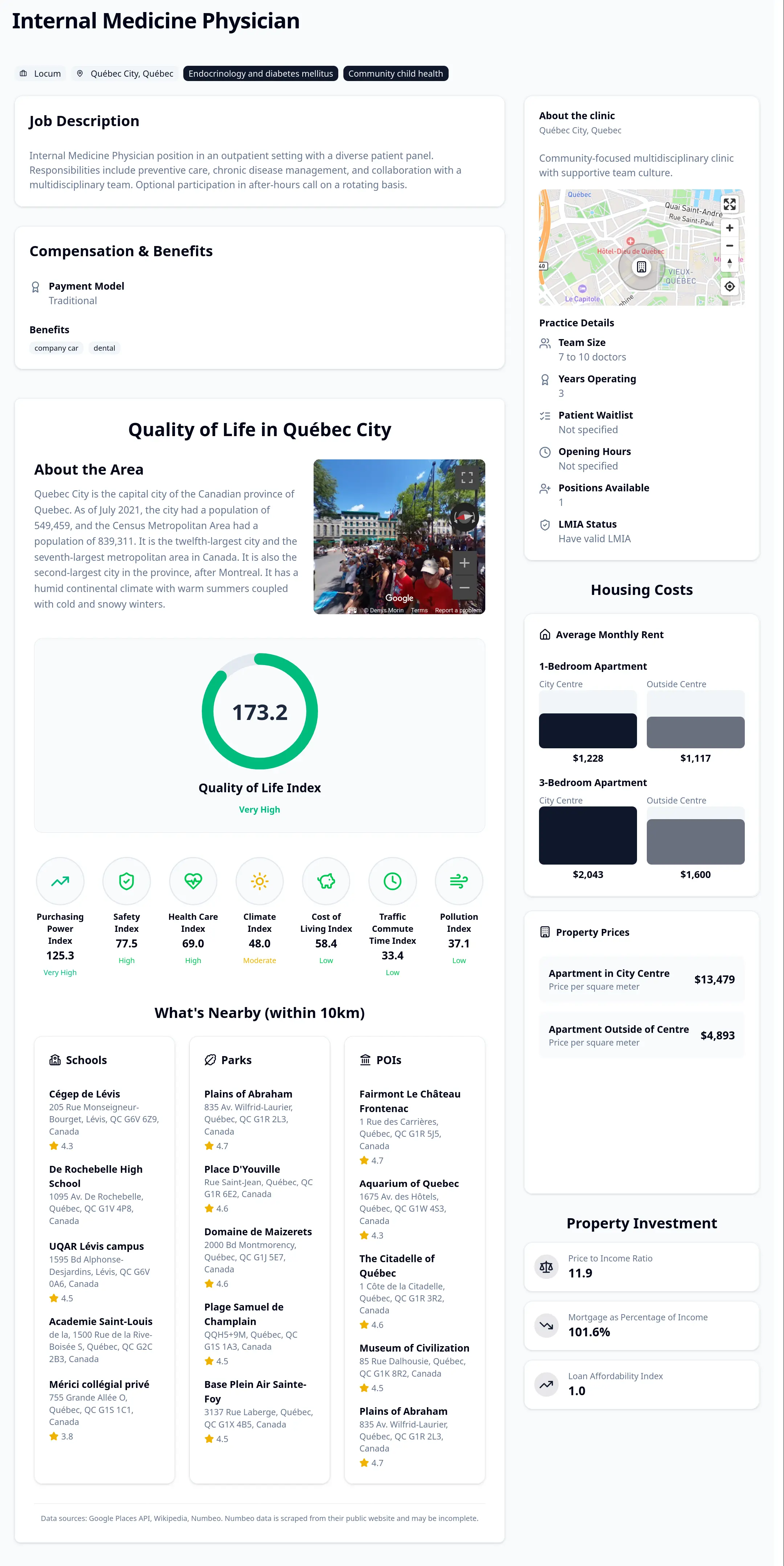 Screenshot of a job offer page showing local amenities like schools and parks.